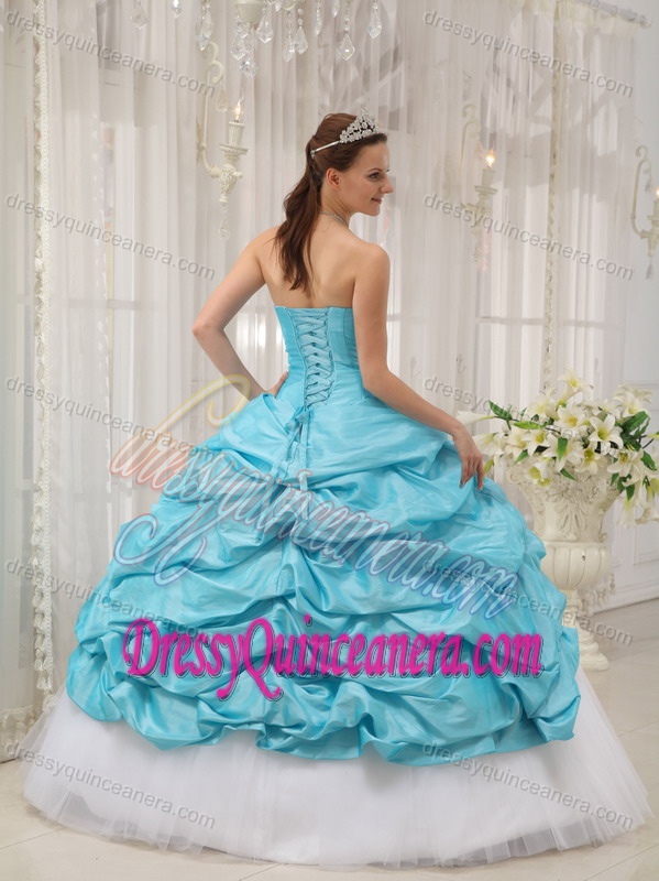 Taffeta and Tulle Discount Aqua Blue Dress for Quince with Beading