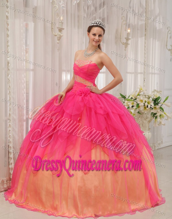 Strapless Cute Hot Pink Ball Gown Quinceanera Dresses in Organza