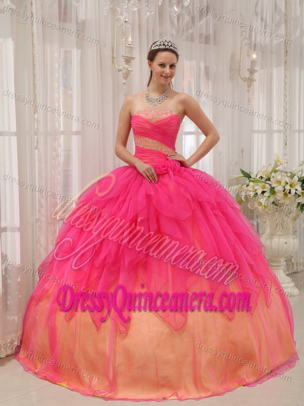 Strapless Cute Hot Pink Ball Gown Quinceanera Dresses in Organza