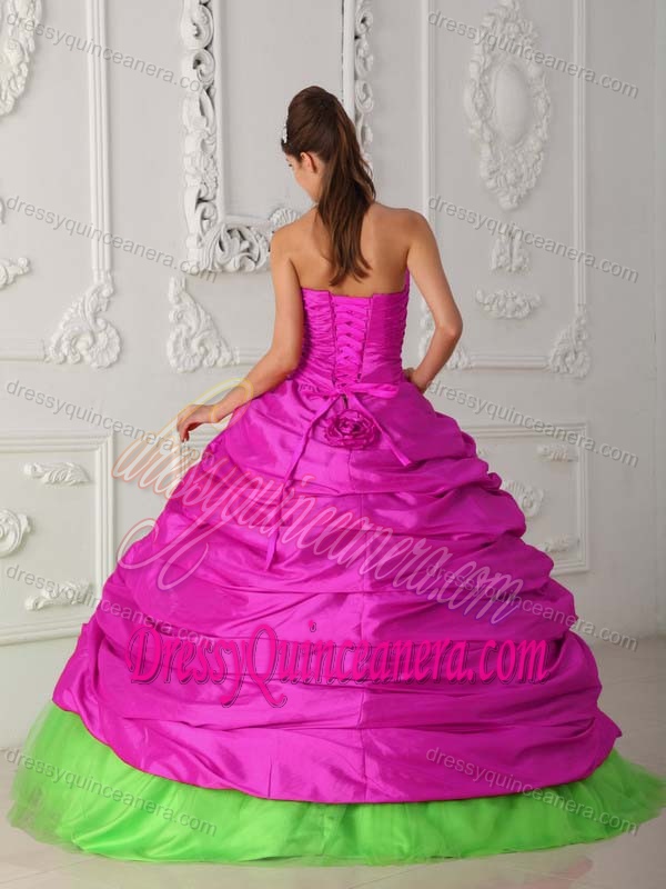Sweetheart Ruched Taffeta Quinceanera Dresses in Green and Fuchsia
