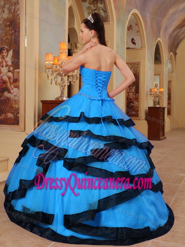Aqua Blue Strapless inexpensive Organza Quince Dress with Appliques