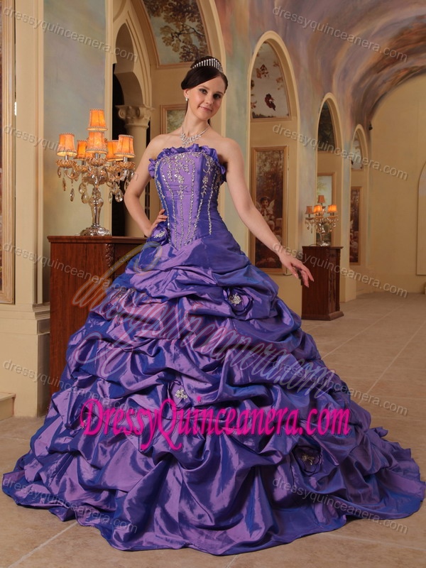 Purple Cheap Strapless Court Train Quinceanera Dresses in Taffeta