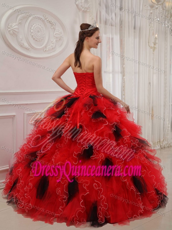 Red and Black Ball Gown Sweet Ruched Quinces Dresses in Organza