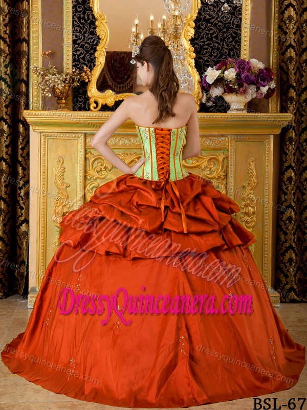Orange Red Strapless Taffeta Quinceanera Dresses with Appliques for Cheap