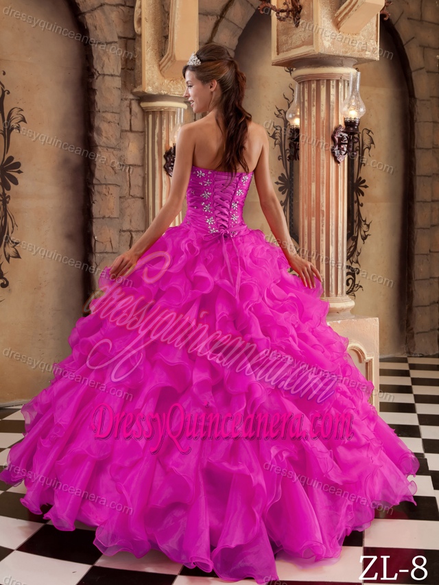 Hot Pink Sweetheart Ruffled Organza Quinceanera Dress for Custom Made