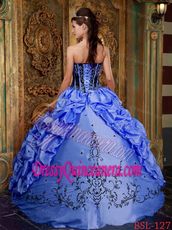 New Blue Strapless Taffeta Quinceanera Dress with Embroidery and Pick-ups