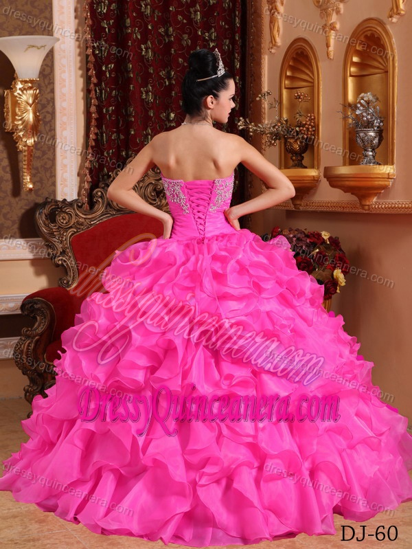 Pink Strapless Organza Beaded and Appliqued Quinceanera Dress in 2013