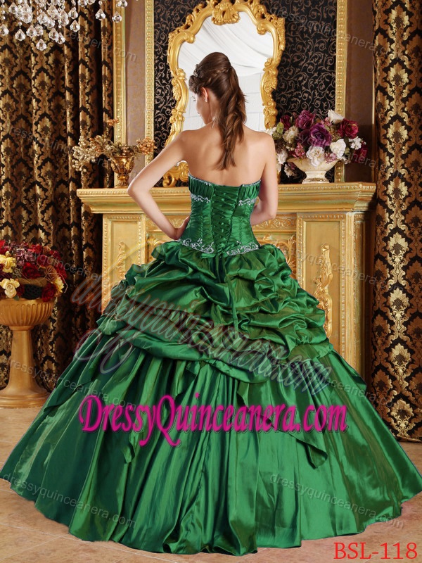 Green Strapless Taffeta Quinceanera Dress with Pick-ups for Custom Made