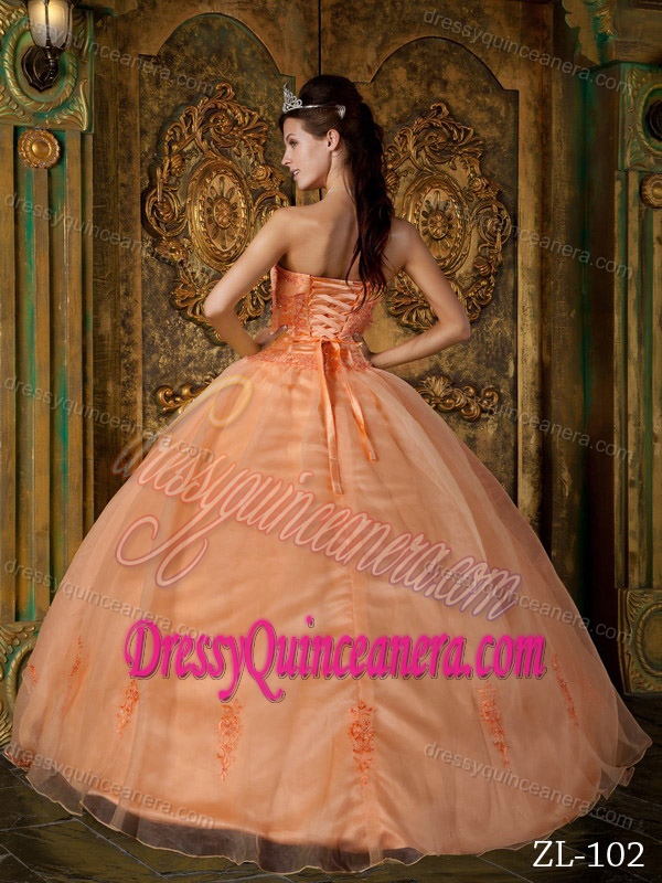 Orange Strapless Organza Quinceanera Dress with Appliques on Promotion