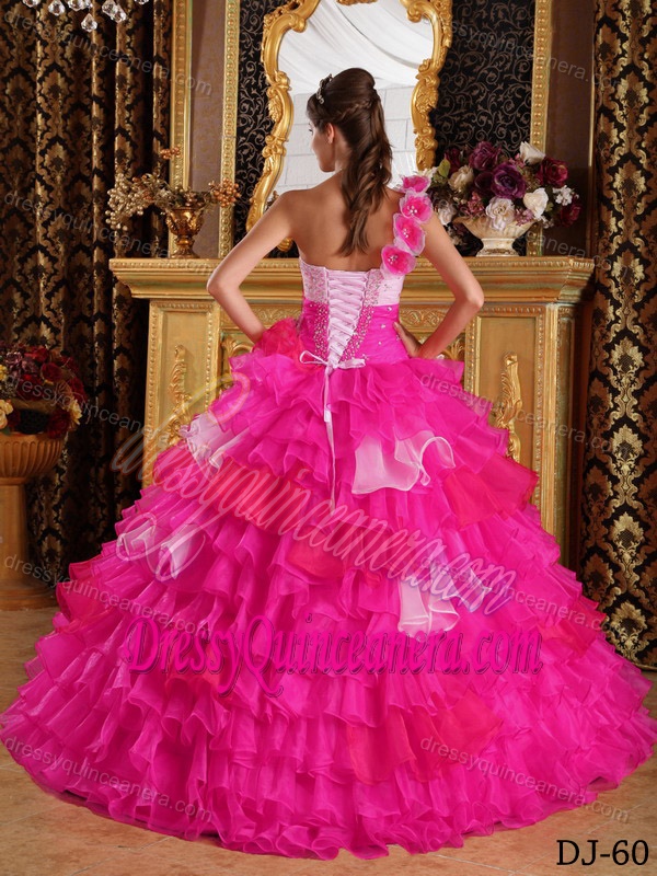 Hot Pink One Shoulder Organza Quinceanera Dress with Ruffles and Beading