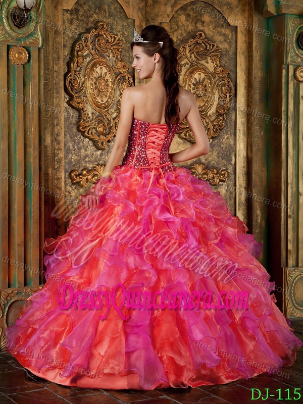 Multicolor Strapless Organza Beaded and Ruffled Quinceanera Dress in 2013
