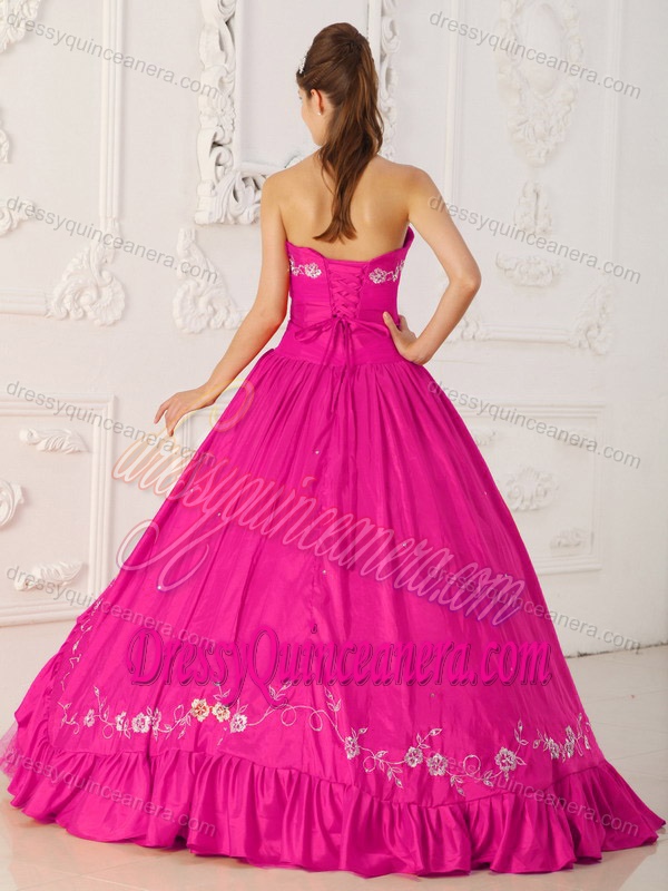 Hot Pink Sweetheart Beaded Quinceanera Dress with Embroidery for Cheap
