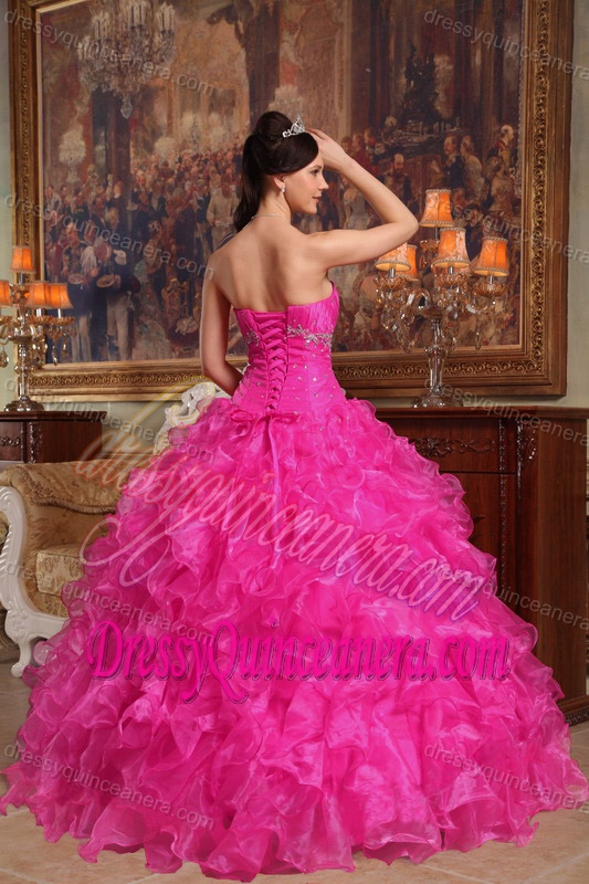 Hot Pink Sweetheart Organza Beaded Quinceanera Dress for Custom Made