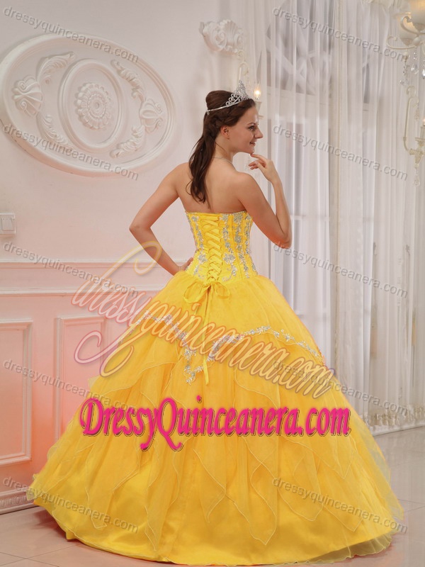 Yellow Sweetheart Organza Quinceanera Dress with Appliques on Promotion