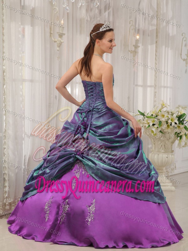 New Strapless Taffeta Appliqued Quinceanera Dress with Hand Made Flowers