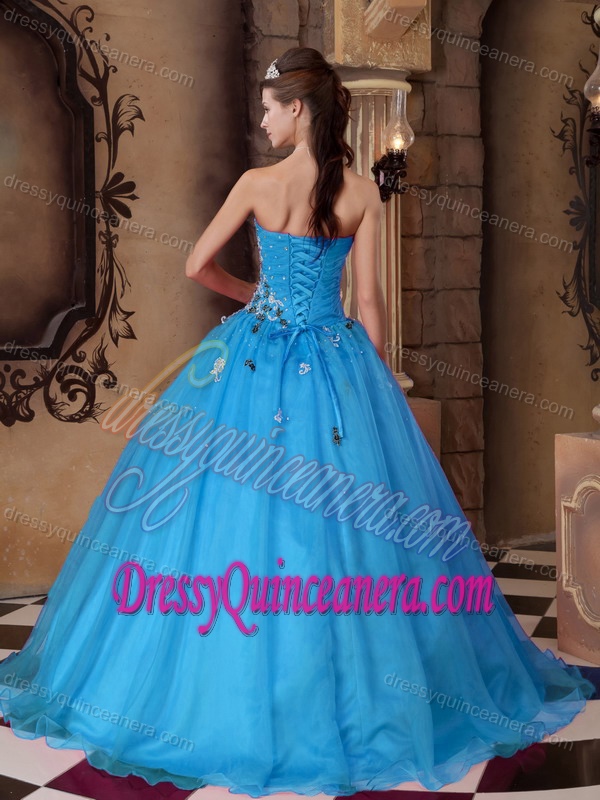 Aqua Blue Sweetheart Organza Beaded Quinceanera Dresses with Appliques