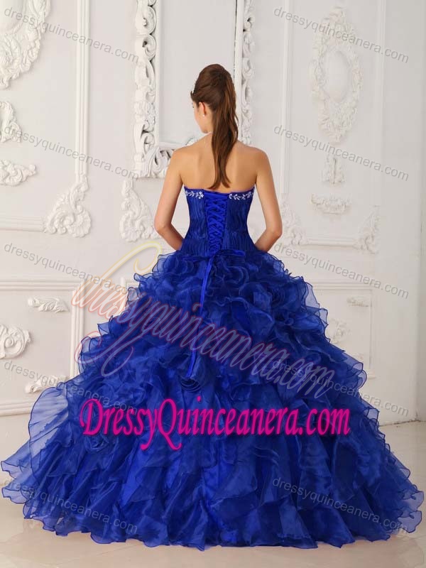 Royal Blue Strapless Satin and Organza Quinceanera Dresses with Embroidery