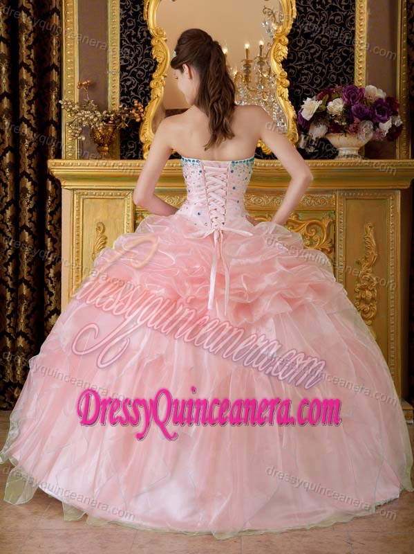 Pink Strapless Organza Beaded Quinceanera Dresses with Pick-ups for Cheap