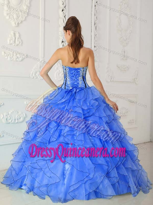 Blue Strapless Organza Quinceanera Dress with Appliques and Ruffled Layers