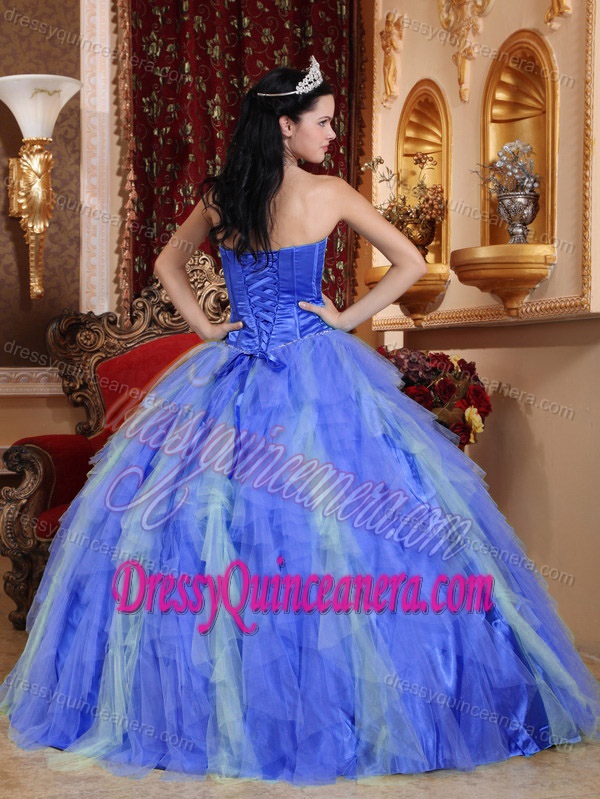 Blue Sweetheart Tulle Beaded Quinceanera Dress with Ruffled Layers on Sale