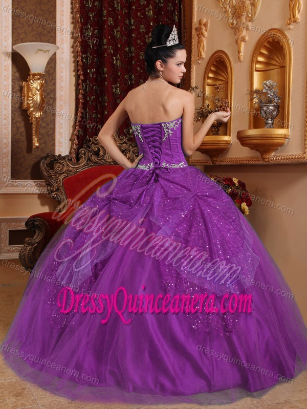 Purple Sweetheart Tulle Beaded and Appliqued Quinceanera Dress for Cheap