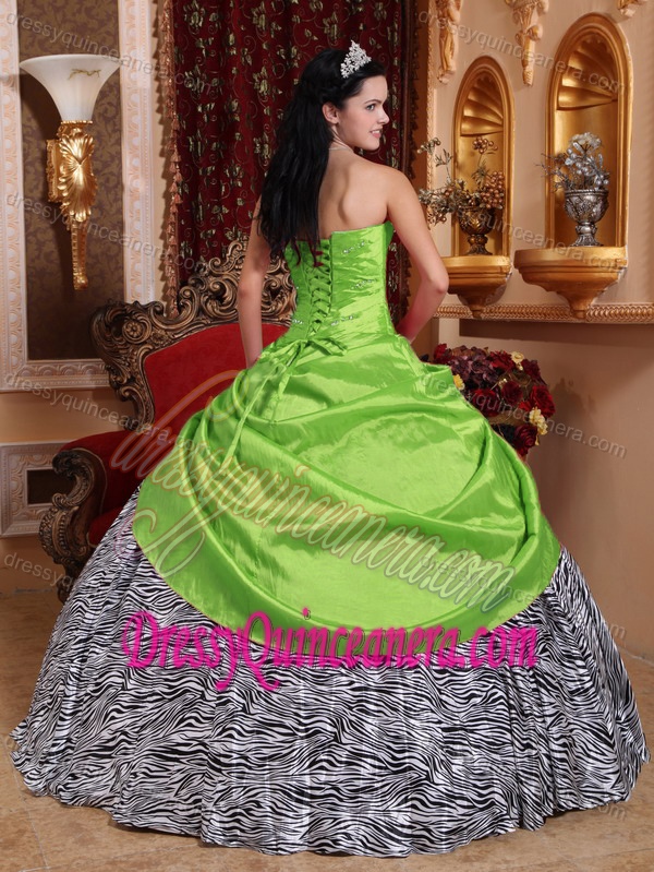 Spring Green Sweetheart Taffeta and Zebra Beaded Quinceanera Dress on Sale