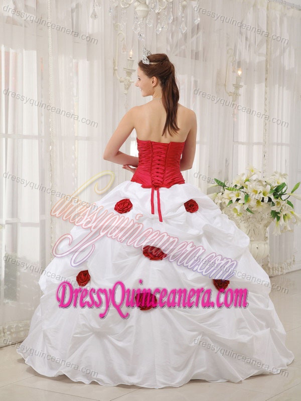 Red and White Taffeta Strapless Beaded Quinceanera Dress with Pick-ups and Flowers