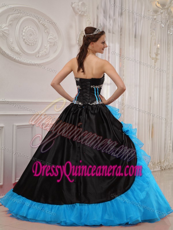 Sky Blue and Black Sweetheart Ball Gown Quinceanera Dress with Beading and Flower