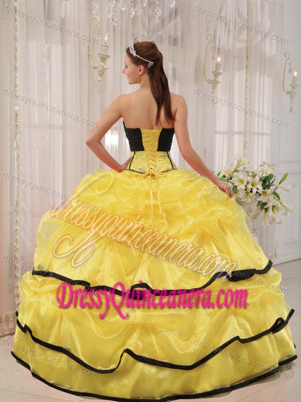 Gorgeous Yellow and Black Organza Quinceanera Dress with Pick-ups and Appliques