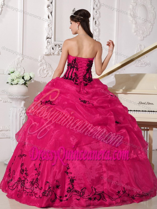 Newest Hot Pink Strapless Ball Gown Quinceanera Dress with Pick-ups and Appliques