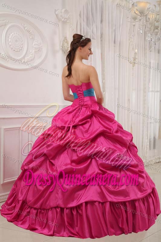 Coral Red Strapless Taffeta Beaded Quinceanera Dress with Pick-ups and Blue Flowers