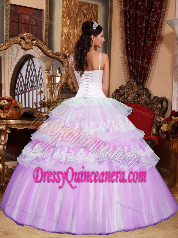 Spaghetti Straps Ball Gown White and Lavender Quinceanera Dresses with Appliques