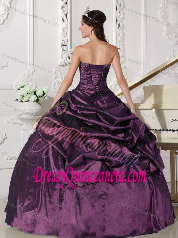 Nice Ruched Strapless Eggplant Taffeta Quinceanera Dress with Pick-ups and Beading