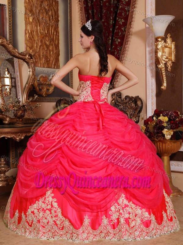 Hot Pink Ruched Strapless Drapped Appliqued Organza Ball Gown Quinceanera Dress