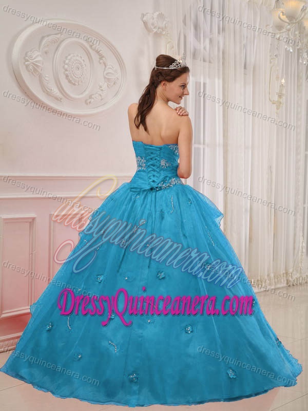 Ruched Strapless Aqua Blue Organza Quinceanera Dress with Appliques on Promotion