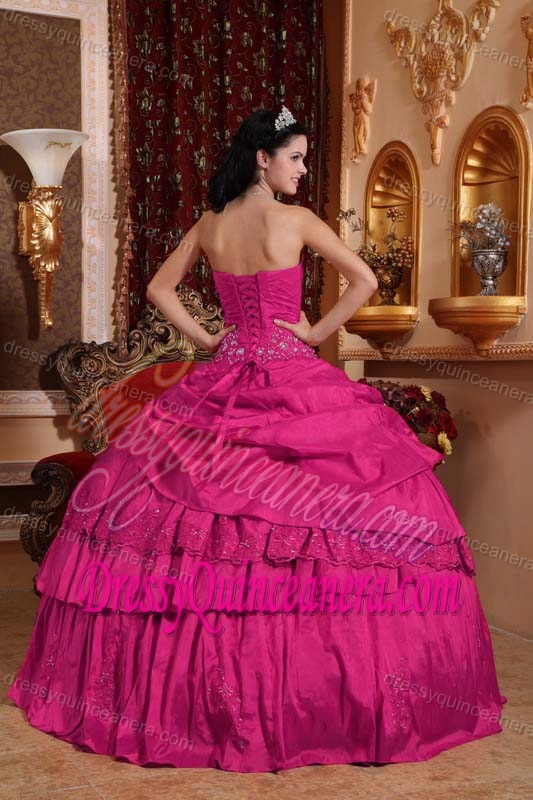 Cheap Hot Pink Ruched Strapless Taffeta Quinceanera Dress with Layers and Appliques