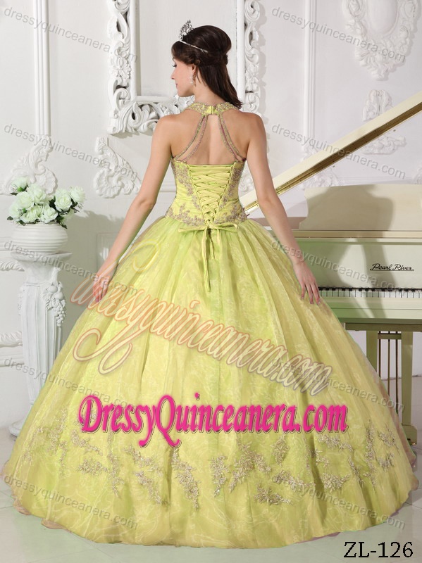 V-neck Halter Light Yellow Organza Quinceanera Dress with Appliques on Promotion