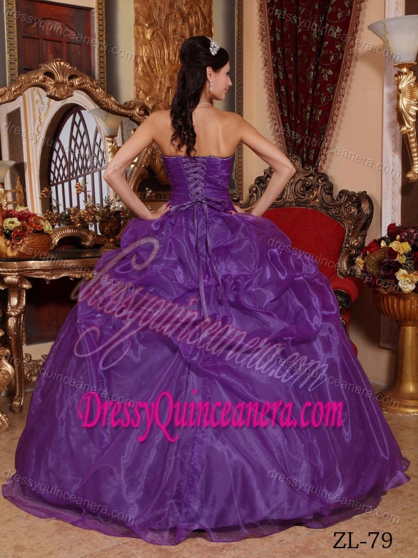 Eggplant Purple Sweetheart Organza Quinceanera Dresses with Pick-ups and Beading