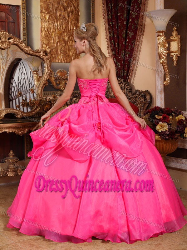Hot Pink Sweetheart Organza Quinceanera Dress with Pick-ups and Beading on Sale