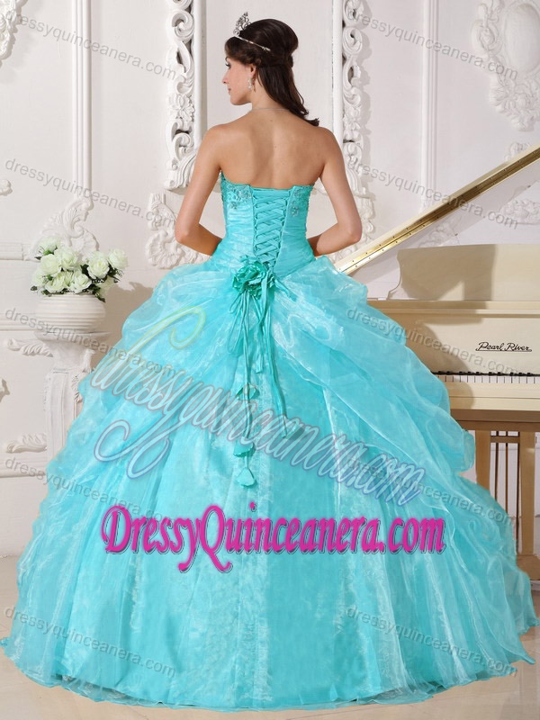 Aqua Blue Sweetheart Organza Drapped Quinceanera Dress with Beading and Flowers