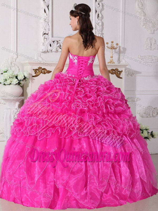 Hot Pink Sweetheart Organza Quinceanera Dress with Appliques and Ruffles in Fashion