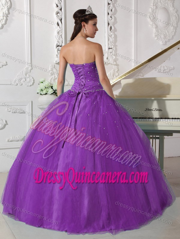 Modest Purple Sweetheart Floor-length Tulle Quinceanera Dress with Beading for Less