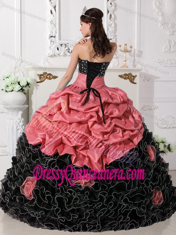 Watermelon and Black Sweetheart Beaded Quinceanera Dresses with Rolling Flowers