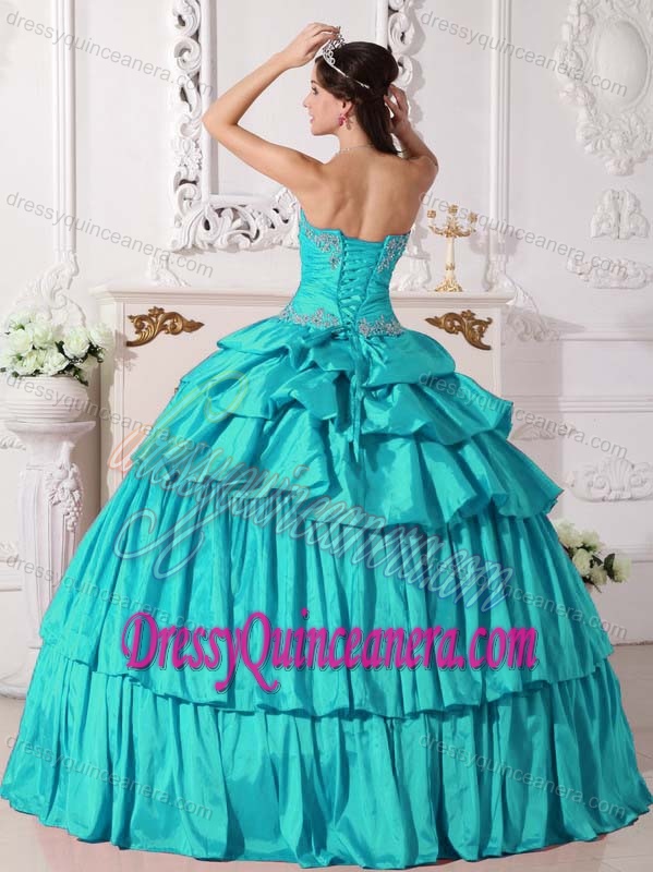 New Turquoise Layered Taffeta Strapless Quinceanera Dress with Pick-ups and Beading