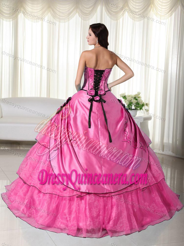 Hot Pink Sweetheart Taffeta and Organza Quinceanera Dress with Pick-ups and Flower