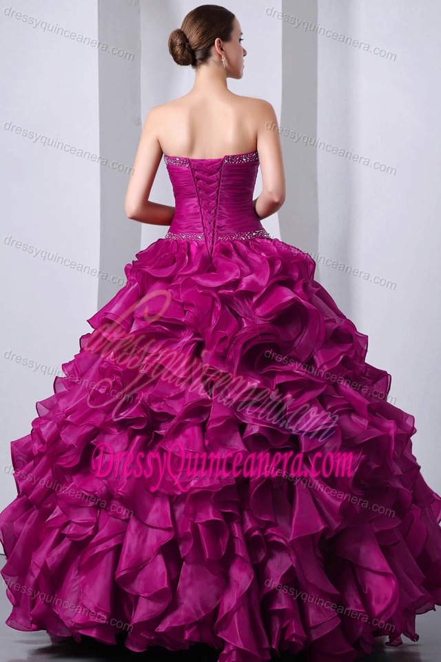 Chic Fuchsia Sweetheart Ruched Organza Quinceanera Dress with Beading and Ruffles