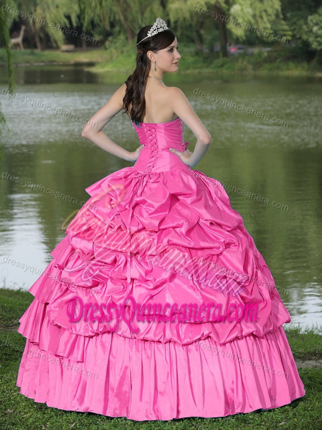 Hot Pink Strapless Ball Gown Taffeta Quinceanera Dresses with Pick-ups and Beading