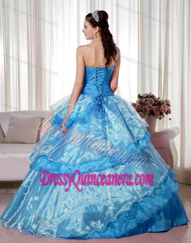 Ruched Sweetheart Aqua Blue Organza Beaded Layered Quinceanera Dress with Flower