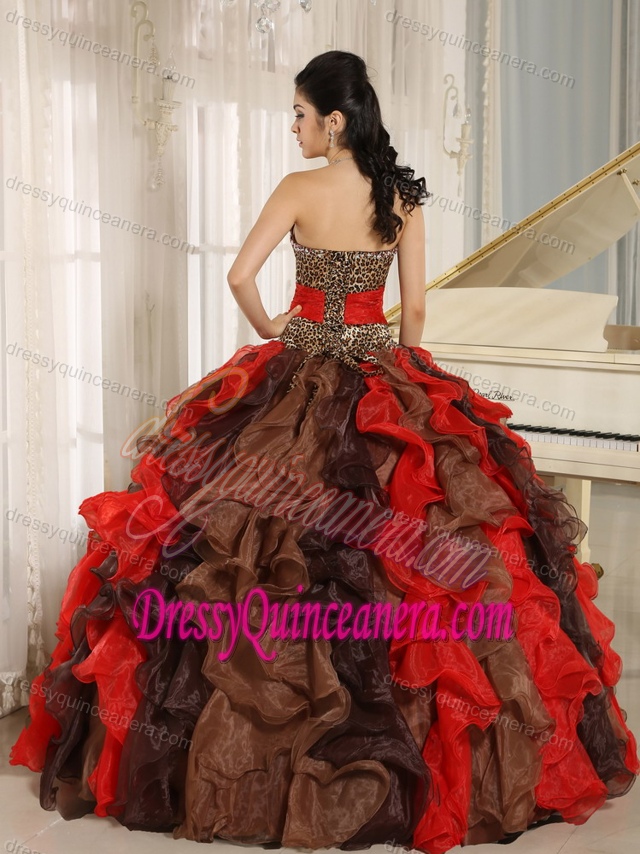 V-neck Strapless Multi-colored Organza Quinceanera Dress with Ruffles and Leopard