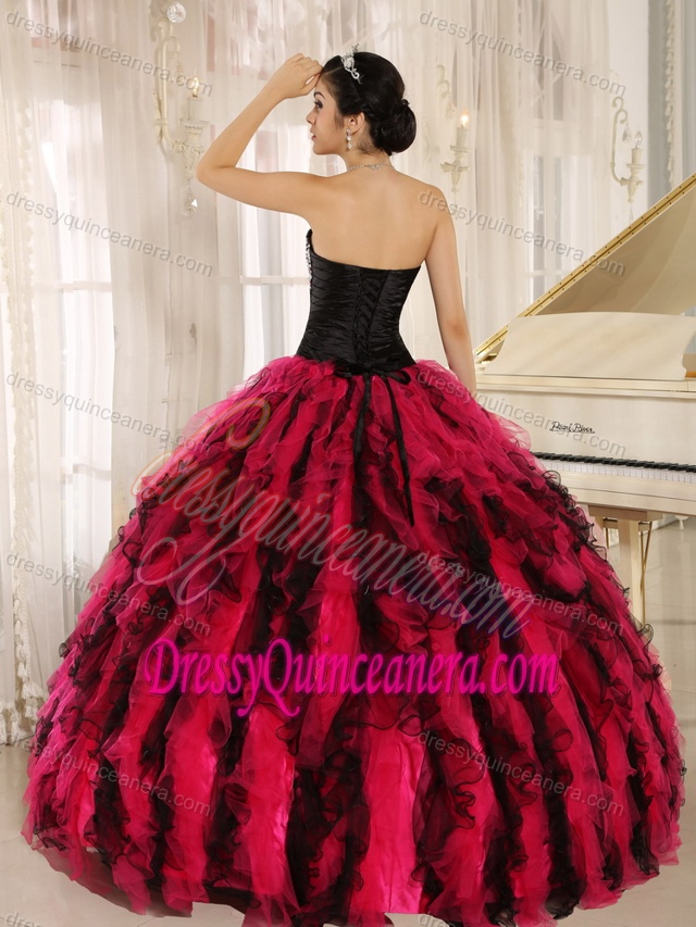 Ruched Beaded Sweetheart Black and Wine Red Organza Ruffled Quinceanera Dresses